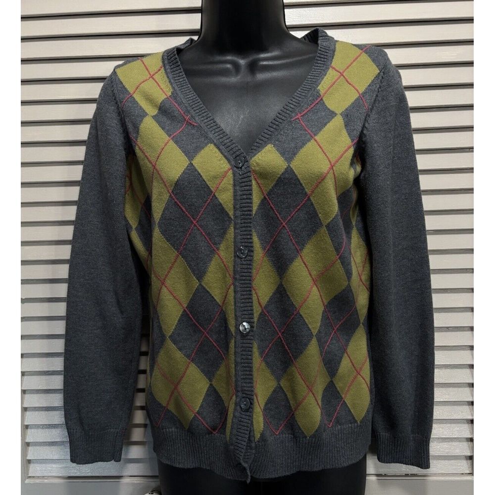 Van‎ Heusen Button Up Olive Green/Gray Argyle Long Sleeve Sweater Size XS Knit